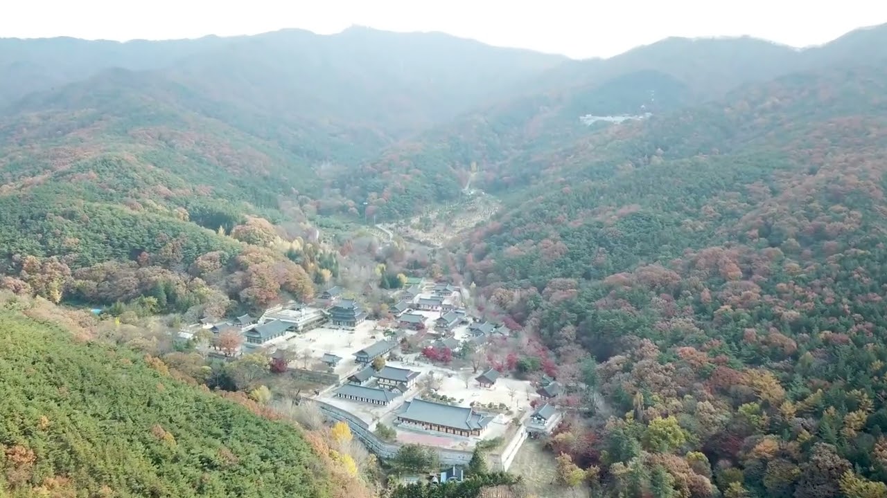 산속의 묻힌 고요한 사찰을 하늘에서 바라보다